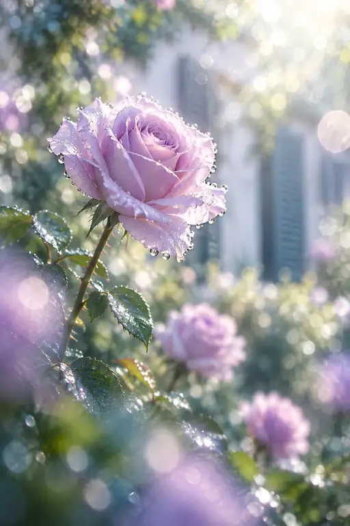 洋館の窓辺に朝露まとう紫薔薇