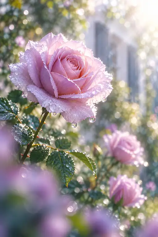 洋館の窓辺に露滴る薄紅薔薇