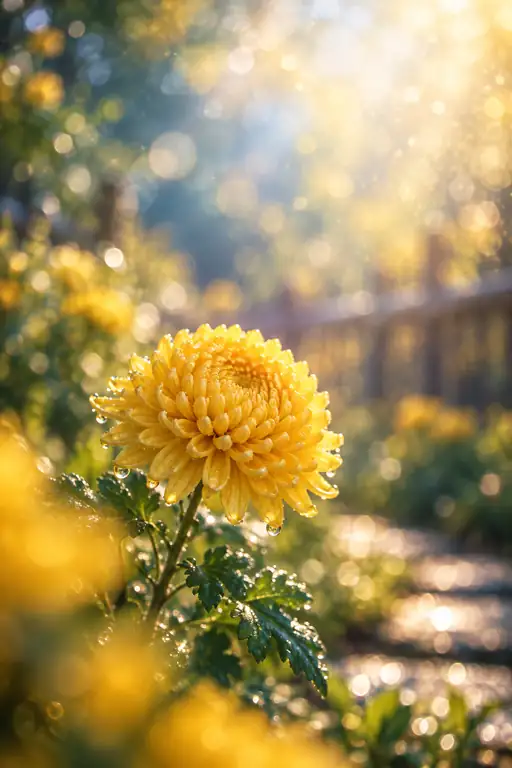朝光の木柵に輝く黄金の菊
