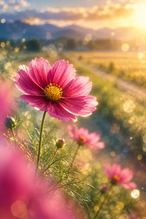 夕陽のあぜ道に微笑む紅秋桜