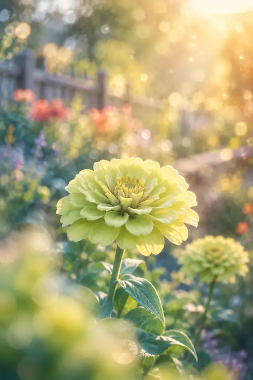 木柵の花壇に微笑む淡緑の百日草