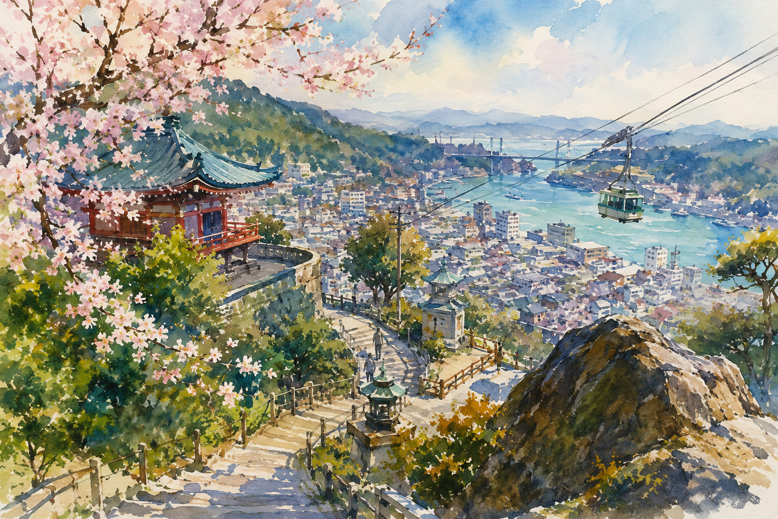 春の坂道：桜舞う坂の街と瀬戸の海