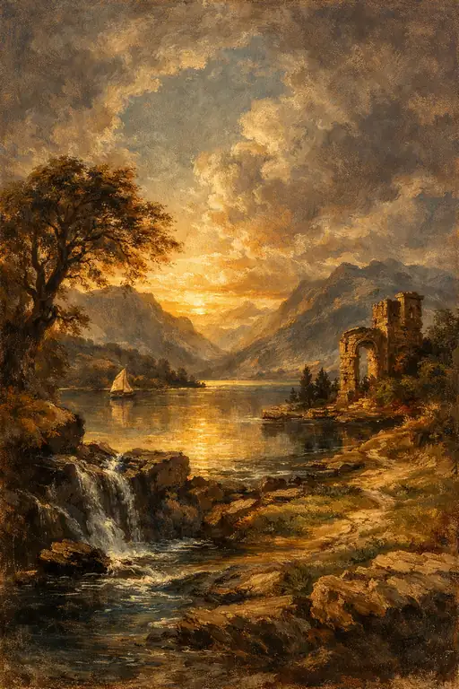 Dramatic Sunset over a Mountain Lake with Sailboat and Ruins