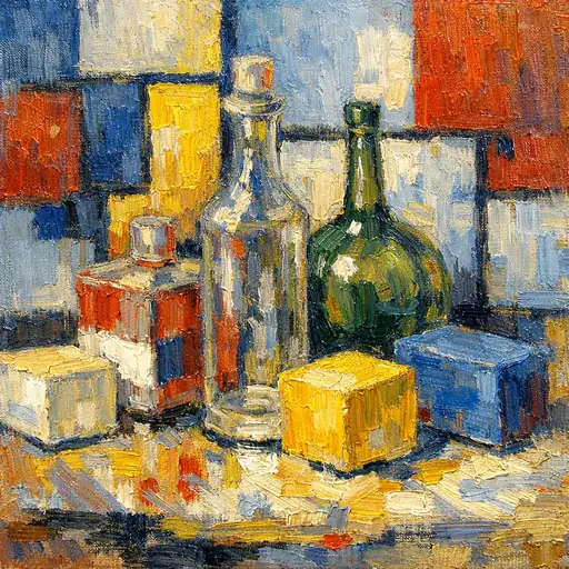 Shattered Reality: A Vibrant Dance of Cubes and Bottles