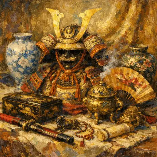 武士の遺品：黄金の兜と古美術の静物画
