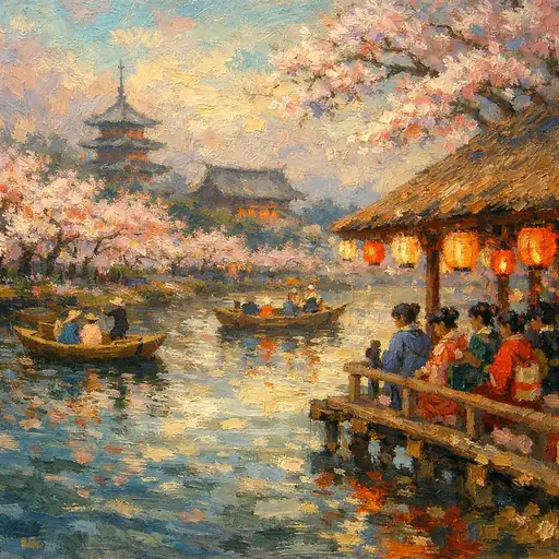 提灯の灯りと桜花：春の夕暮れ、古都を巡る舟遊び