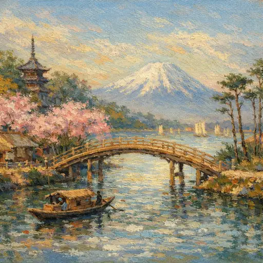 春へと続く橋：富士と五重塔、穏やかな水面に咲く桜