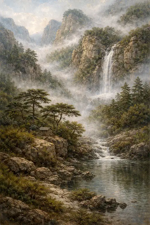 The Solitary Cabin by the Waterfall