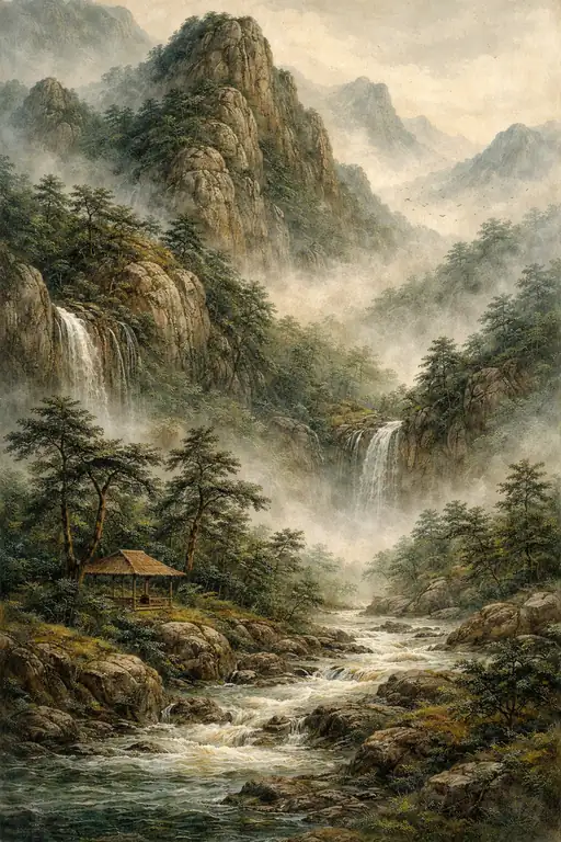 The Serene Pavilion by the Waterfalls