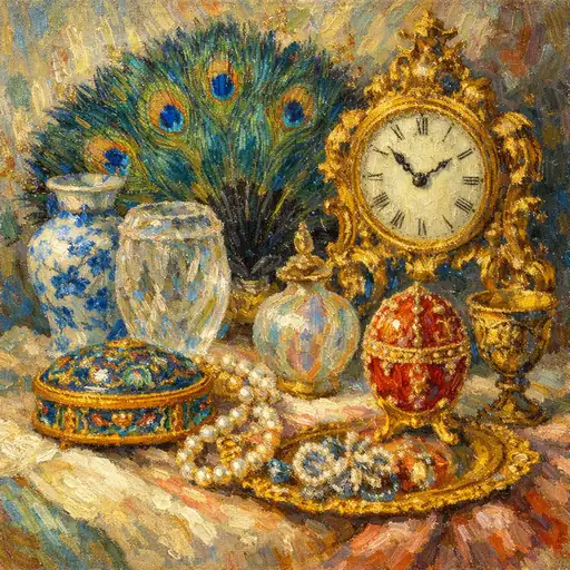 Still Life with a Golden Clock and Peacock Feathers