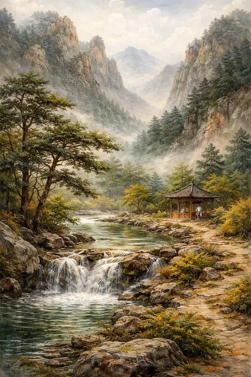 Pavilion by the Waterfall in a Misty Mountain Valley