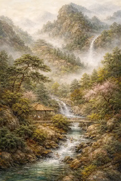春の渓流と東屋のある風景