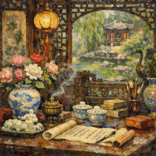Scholarly Still Life with Peonies and a Window View of a Garden Pavilion