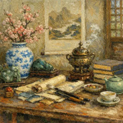 The Scholar's Reverie: Fragrant Smoke and Timeless Ink