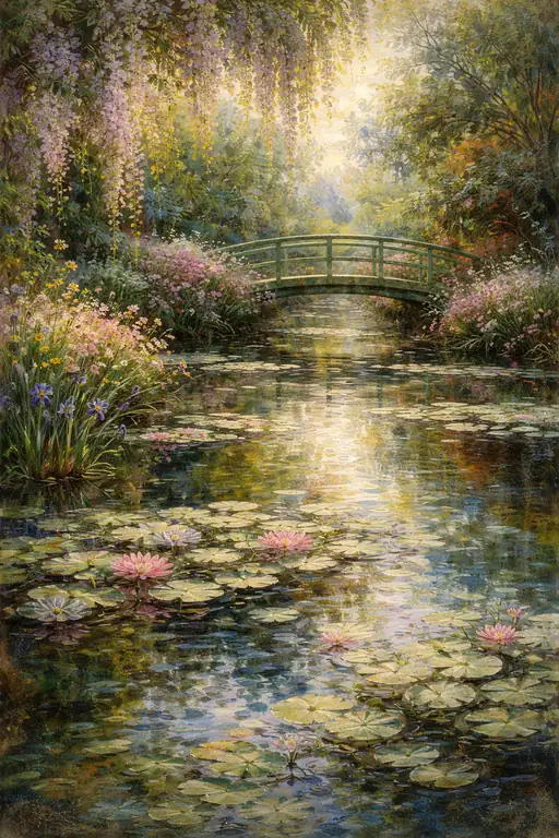Whispering Wisteria Over the Sunlit Water Garden