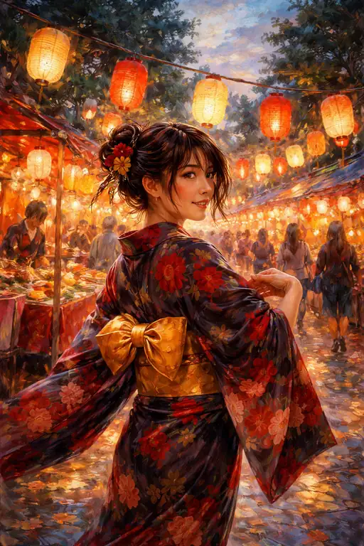 祭囃子と黄金の帯：提灯の灯りが織りなす夏の夜の甘美な追憶