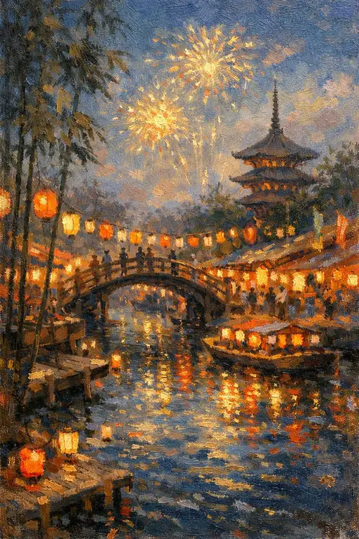 Golden Symphony of the Summer Night: A Blazing Festival Reflected in Time's Eternal River