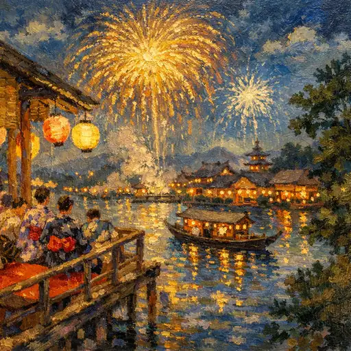 夜空を焦がす熱情の火花と水鏡