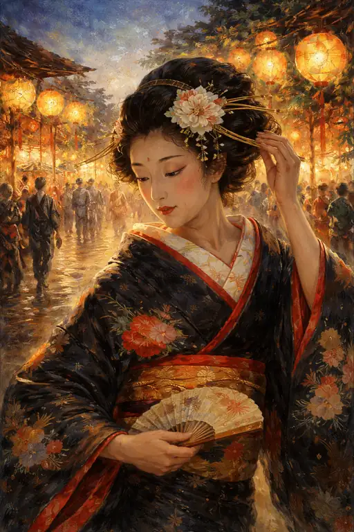 喧騒の夜に浮かぶ、黄金の灯火と白き花の静寂