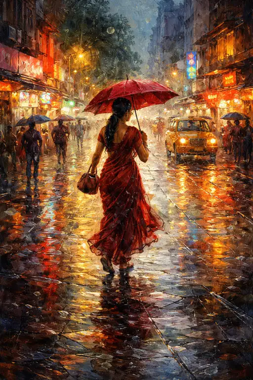 ネオンの雨に揺らめく真紅の軌跡
