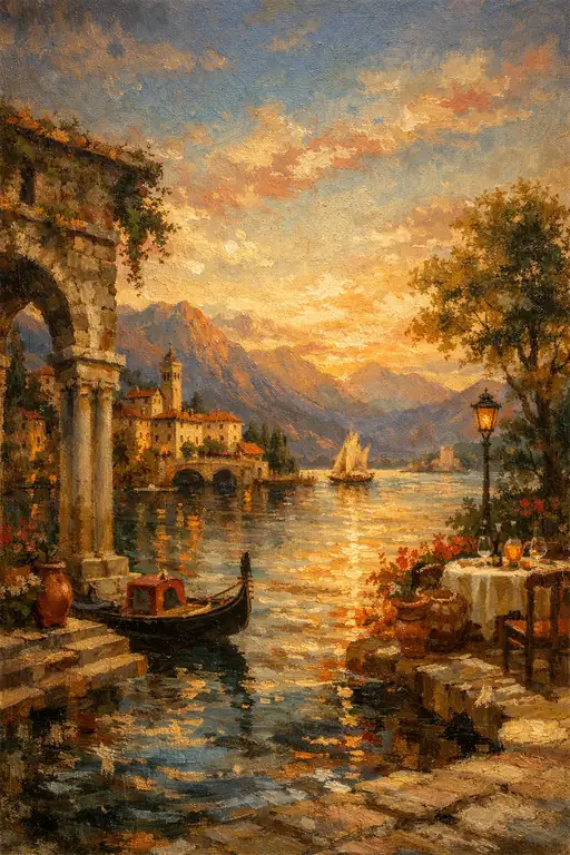 Crimson Skies Over the Lakeside Terrace