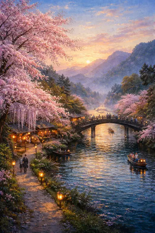 黄金の刻、桜舞う川辺