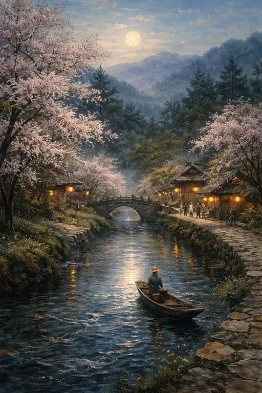 Moonlight Blossom over the Quiet Village