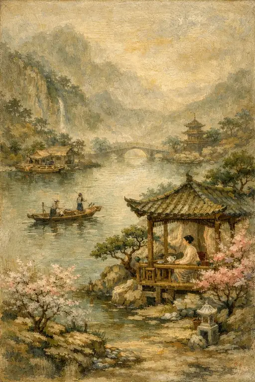 Spring Blossoms and Tea by the Peaceful River