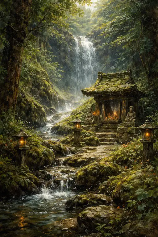 神秘の森、苔むす祈りの灯