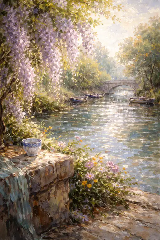 陽だまりの川面でささやく藤の花