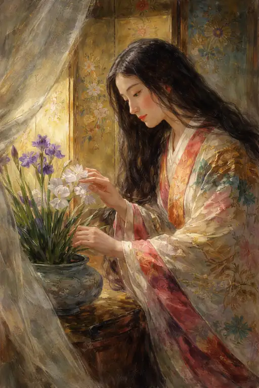 窓辺の光に染まる菖蒲