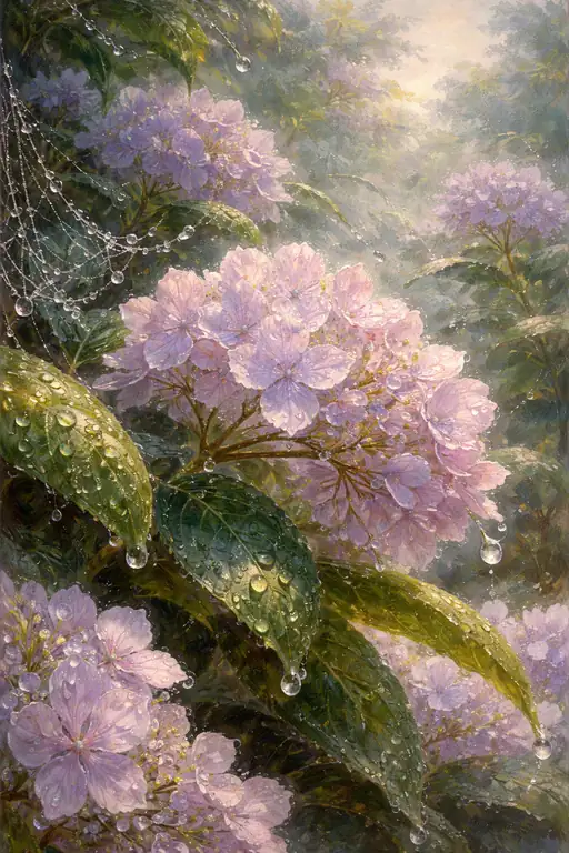 霧雨に煙る薄紫の紫陽花