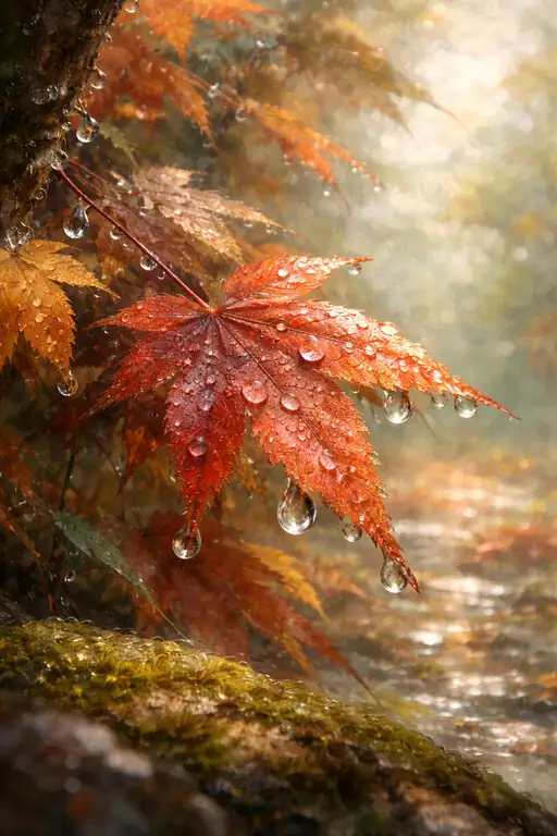 静寂の霧のなか、紅蓮の炎に宿る秋の涙