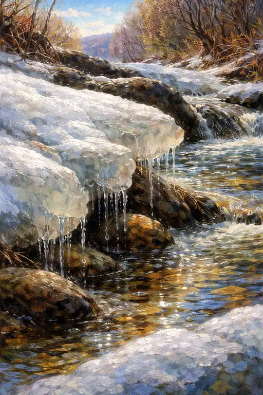 春の小川を目覚めさせる氷の涙