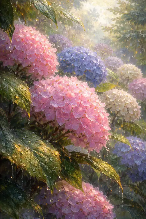紫陽花の涙：春雨に濡れる花の吐息