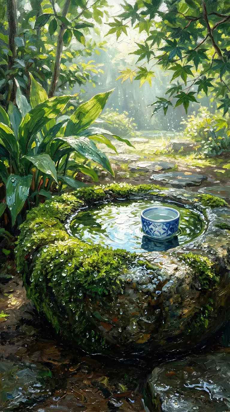 時を刻む苔むした蹲と、揺蕩う光