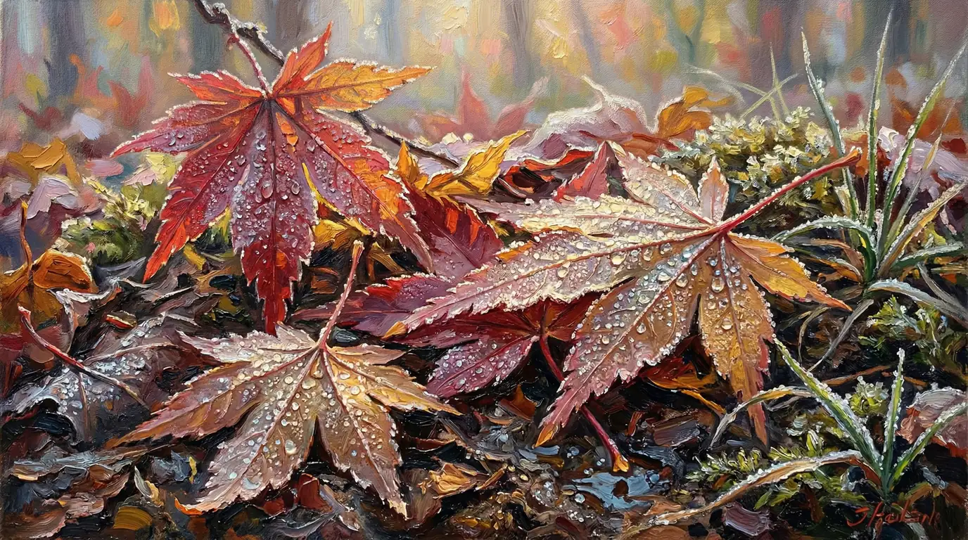 晩秋の朝露、紅葉が流した涙
