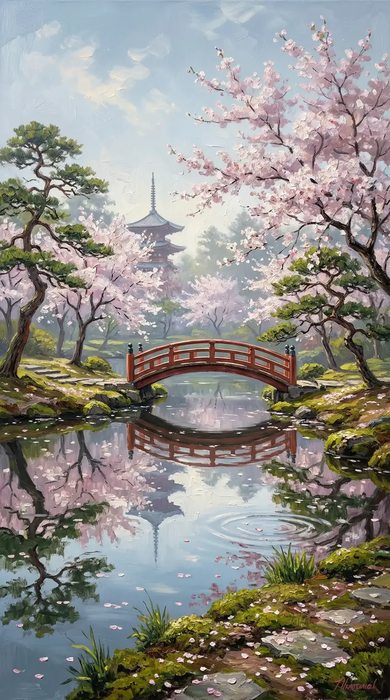 永遠の春景色、桜と松が織りなす和の調和
