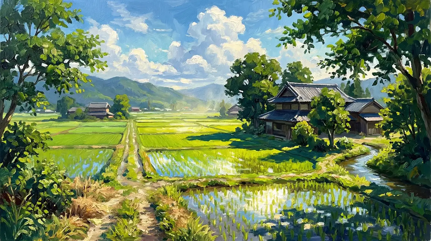 水鏡に映る夏空の村