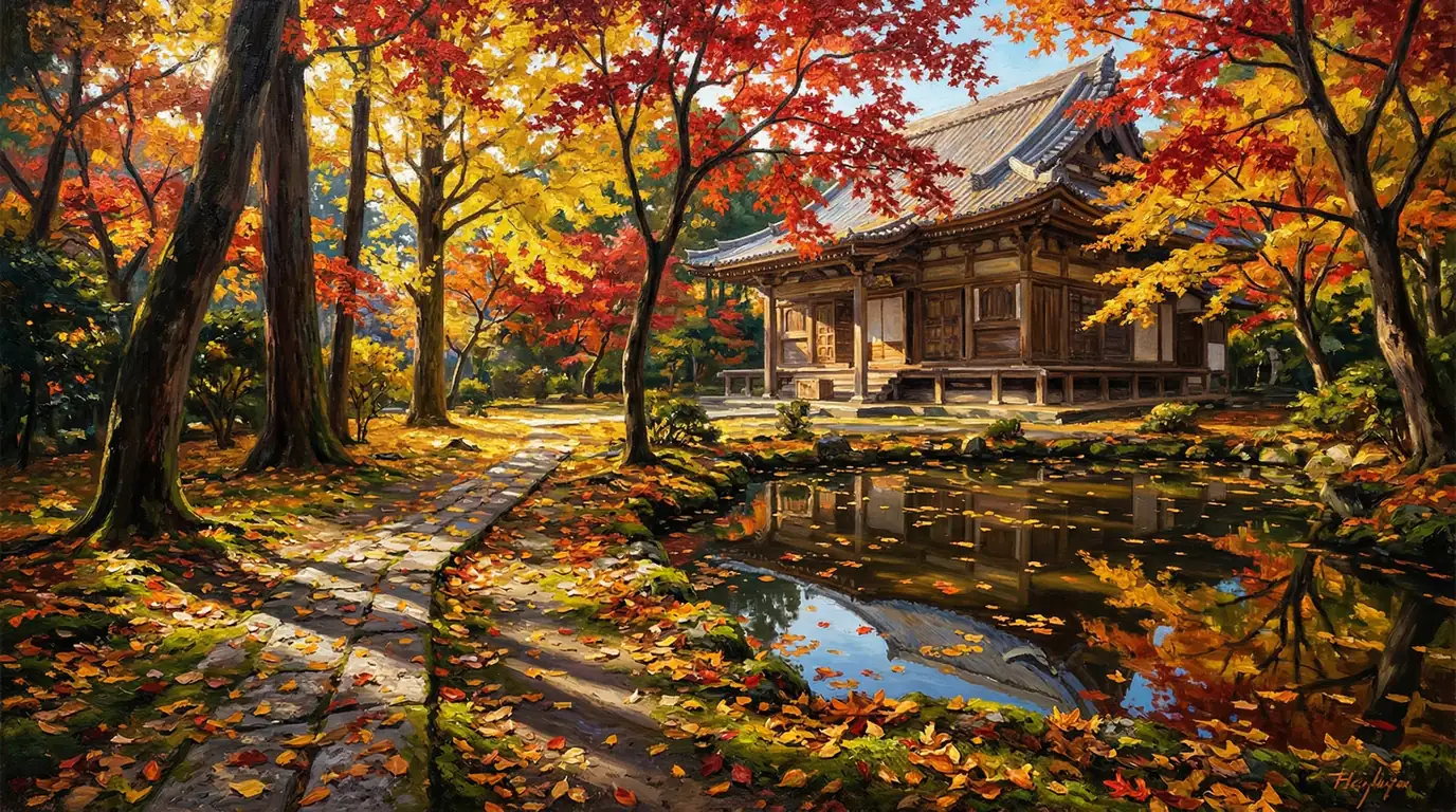 寺の池に映る紅の彩り
