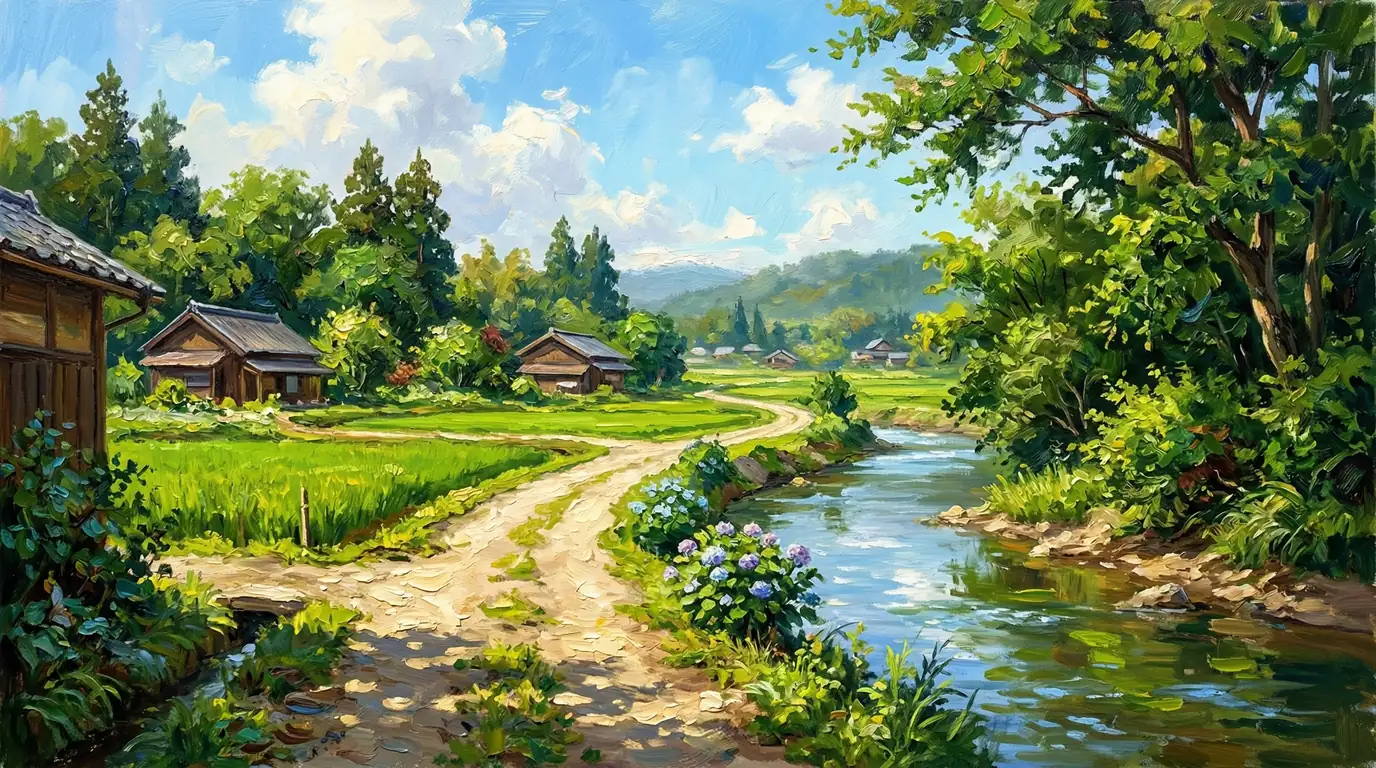 唄う川辺に咲く紫陽花