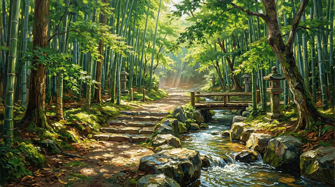静寂の竹林を貫く翡翠の光
