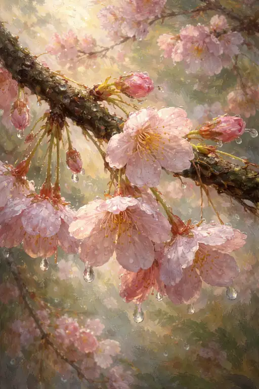 薄紅の花弁を濡らす春の涙