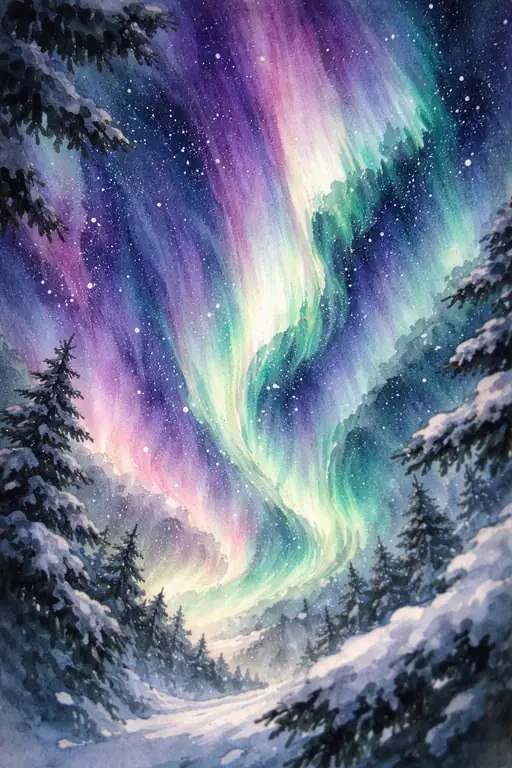 雪の森の上のオーロラ