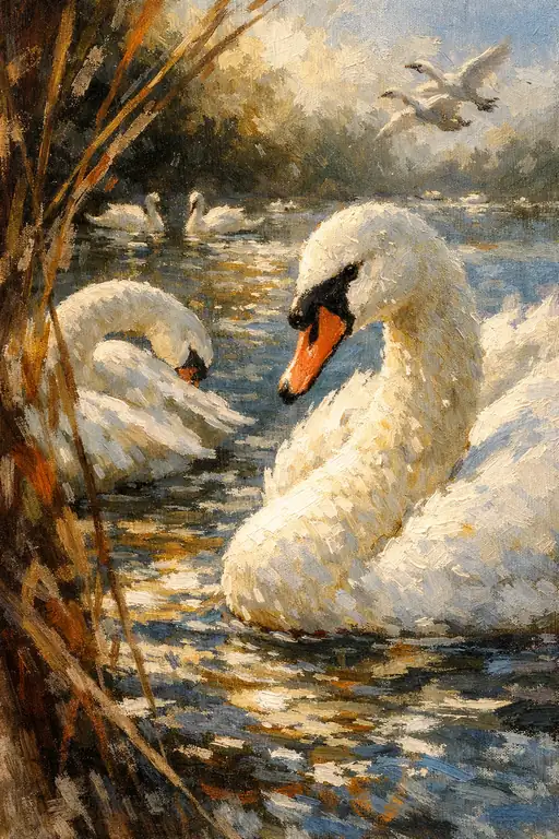 Swans on a Sunlit Lake