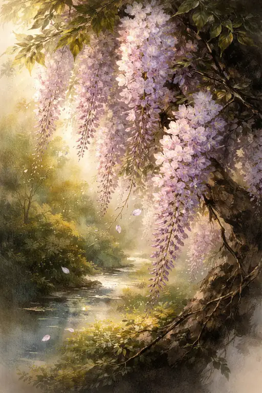 藤の花、静寂を写す水面