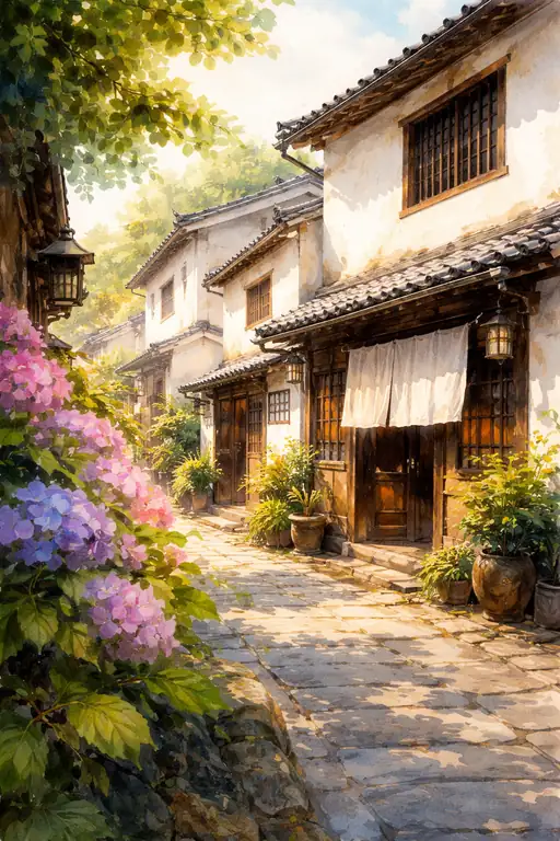 木漏れ日の路地に咲く紫陽花の涙