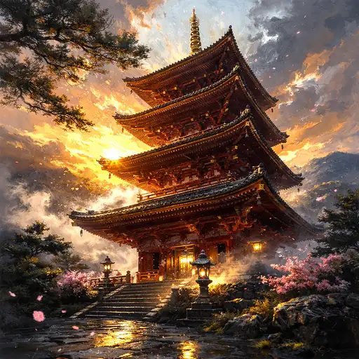 夕闇に燃ゆる五重の塔
