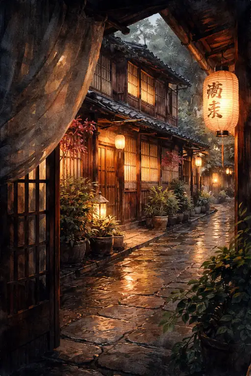 提灯の反射：雨降る京都の夜