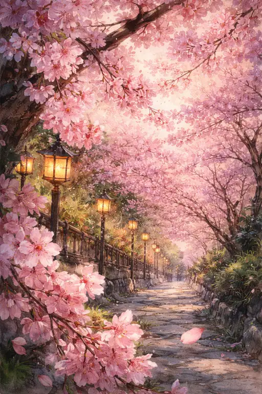 春の宵に舞い散る花びらと灯火